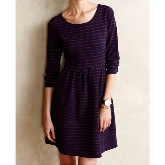 Anthropologie Maeve Navy Blue Striped Brenna Fit Flare Dress Sz 2 - Picture 1 of 13
